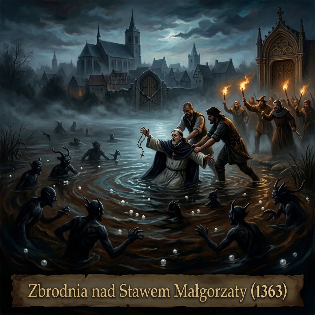 Mroczne, średniowieczne malowidło przedstawiające trzech mężczyzn wrzucających księdza w habicie do Stawu Małgorzaty. W tle mgła, kościół gotycki i tłum z pochodniami. W wodzie widać demony i pływające perły. U dołu napis: Zbrodnia nad Stawem Małgorzaty (1363). Grafika wyróżniająca bloga flaczek.com.
