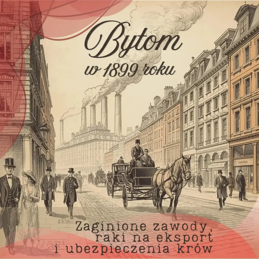 Grafika wyróżniająca przedstawiająca dawną ulicę Bytomia z 1899 roku, dorożki i fabryczne kominy w tle.