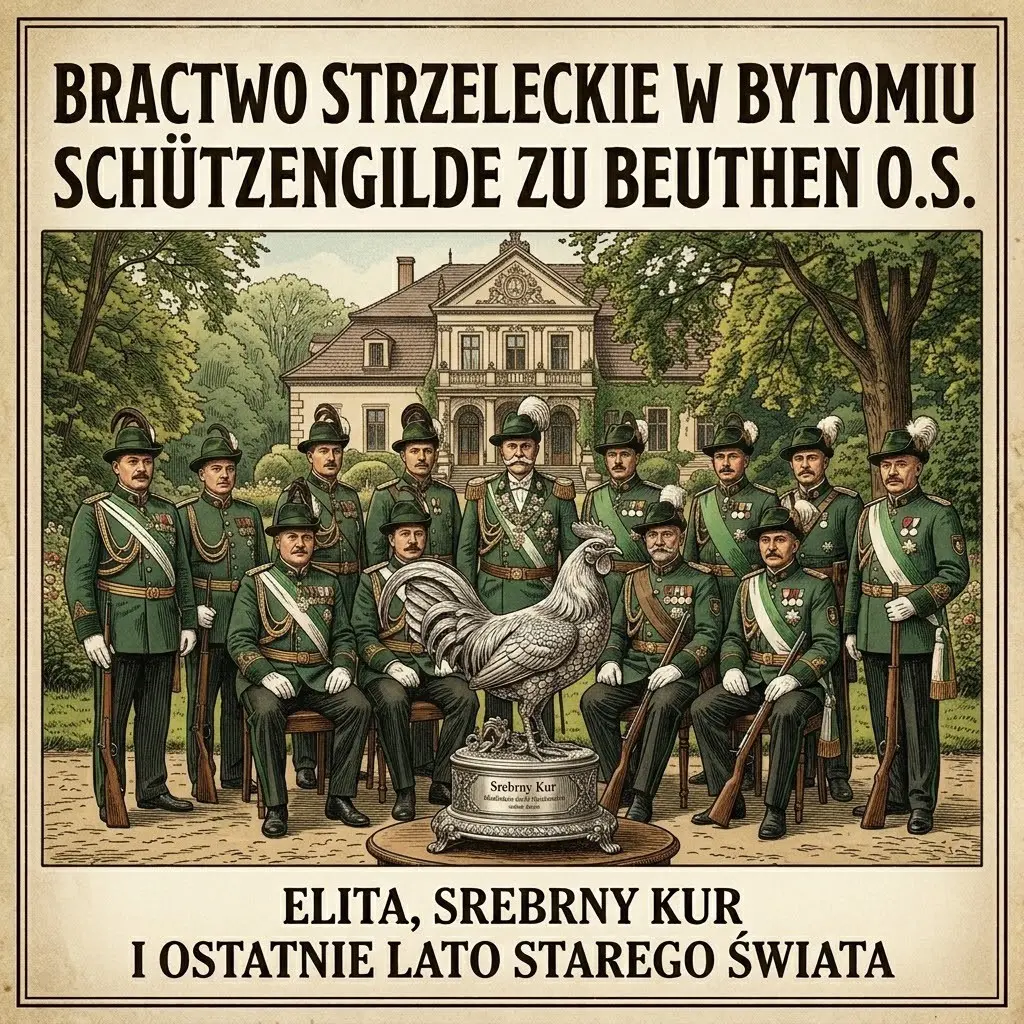Stylizowana rycina przedstawiająca elitę Bractwa Strzeleckiego w Bytomiu (Schützengilde zu Beuthen O.S.) w historycznych mundurach. W centrum znajduje się statuetka srebrnego kura na tle dawnego Domu Strzeleckiego na Górecku.