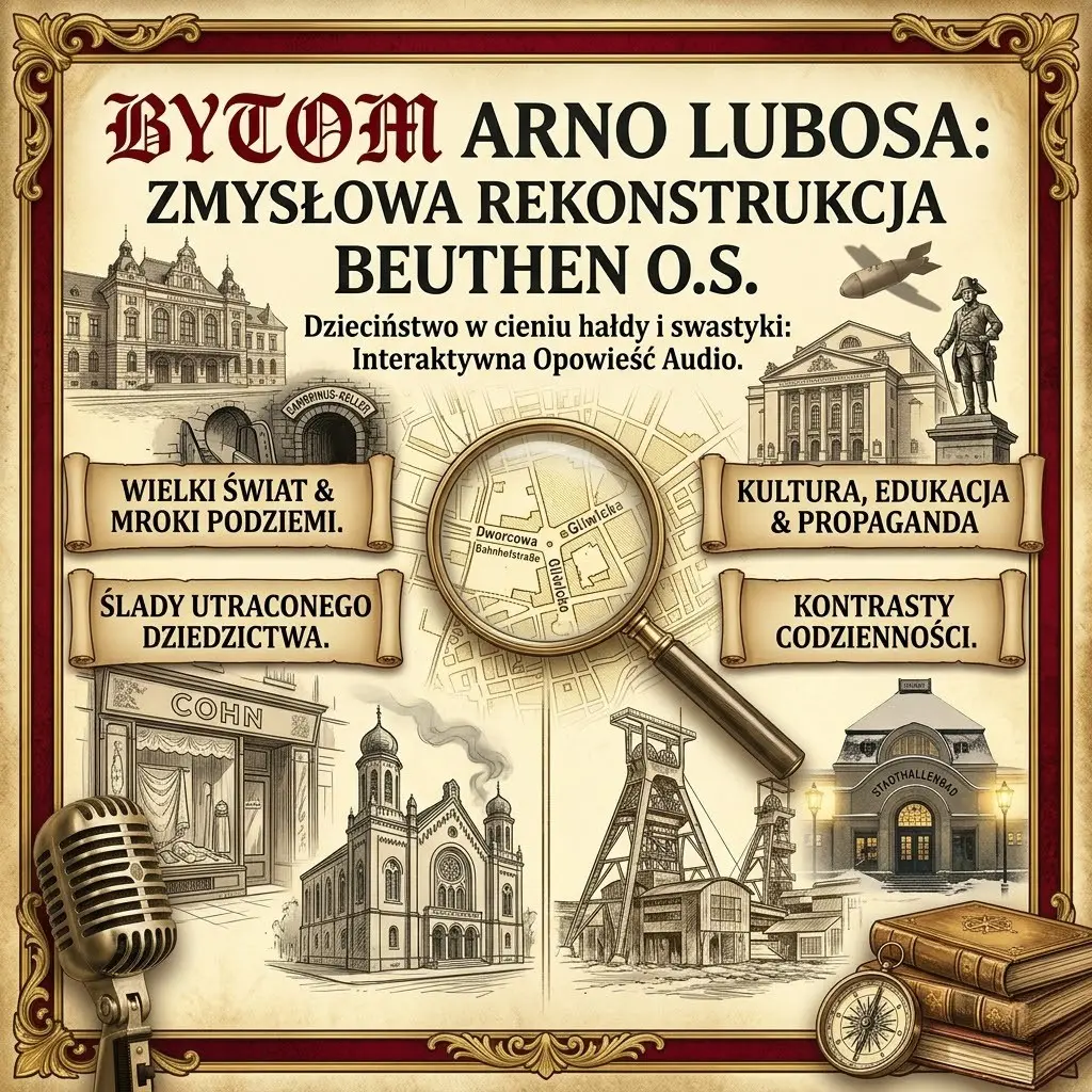 Grafika tytułowa artykułu. Kolaż w stylu retro przedstawiający starą mapę Bytomia z lupą, mikrofon lektorski oraz szkice historycznych miejsc: dworca, kopalni, synagogi i pływalni Stadthallenbad. Widnieje na niej tytuł: Bytom Arno Lubosa: Zmysłowa rekonstrukcja Beuthen O.S.