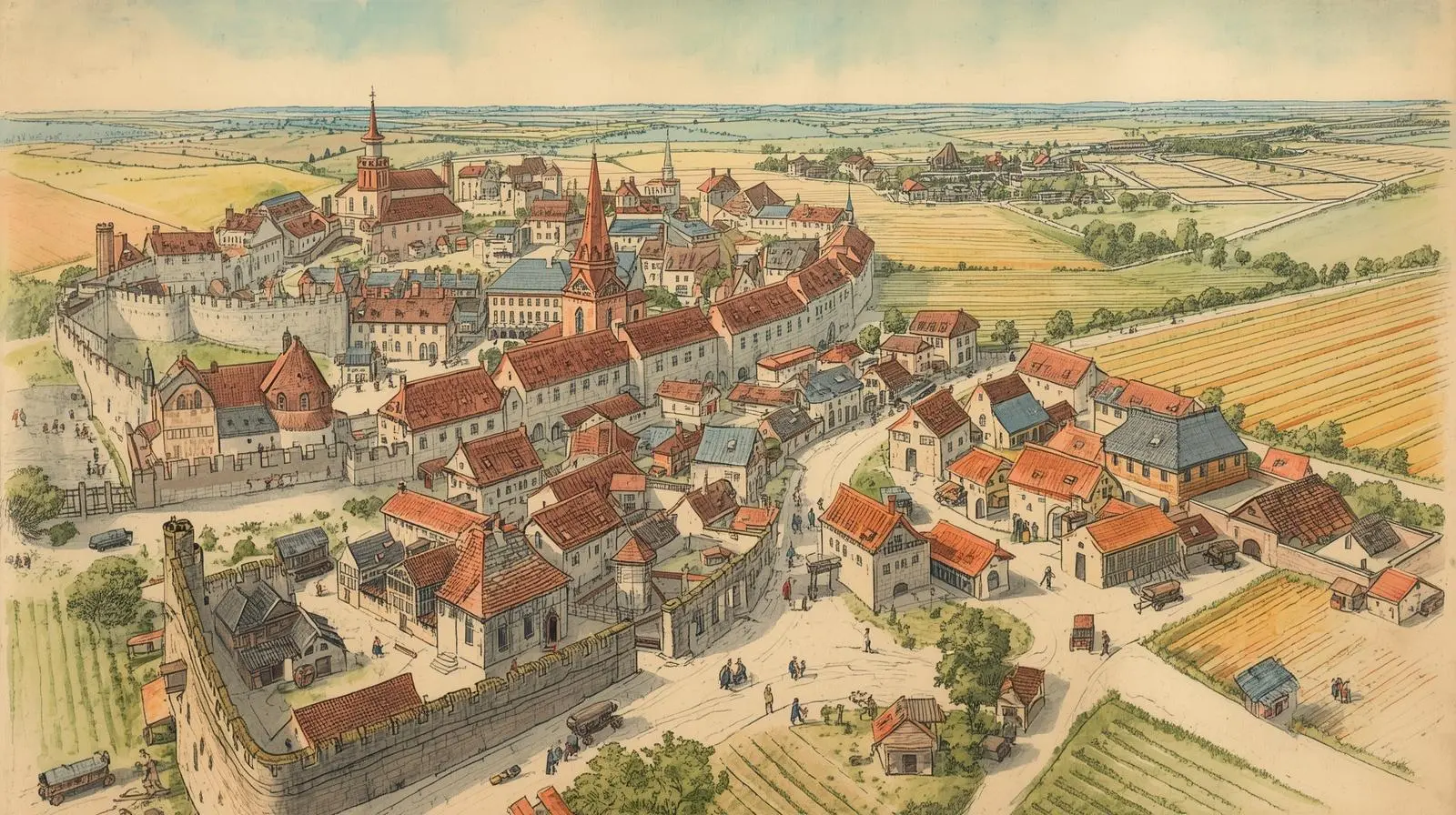 Poglądowa panorama dawnego Bytomia i okolic jako ilustracja państwa bytomskiego w epoce Hohenzollernów