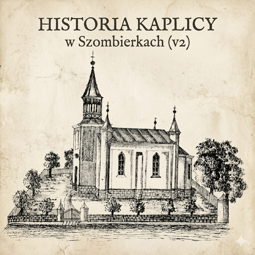 Szkic historycznej kaplicy z wieżą, otoczonej murem i drzewami, nad którą widnieje stylizowany napis "HISTORIA KAPLICY w Szombierkach (v2)".