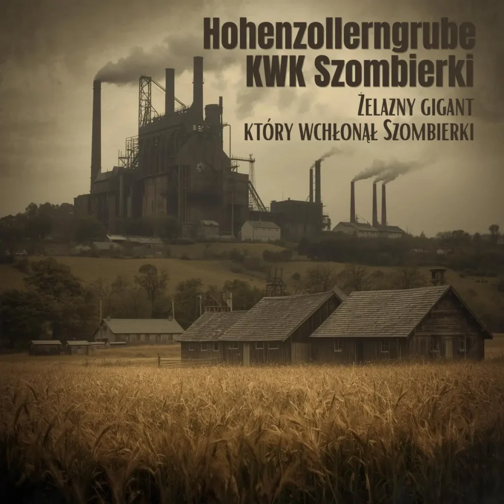 Mroczna grafika z napisami tytułowymi, ukazująca potężną kopalnię węgla kamiennego Hohenzollerngrube w Bytomiu, górującą nad dawną, rolniczą osadą Szombierki.