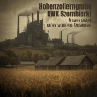 Mroczna grafika z napisami tytułowymi, ukazująca potężną kopalnię węgla kamiennego Hohenzollerngrube w Bytomiu, górującą nad dawną, rolniczą osadą Szombierki.