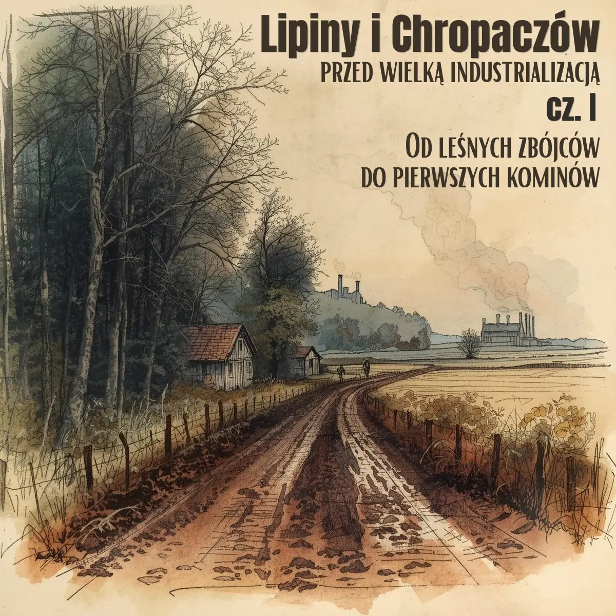 Błotnista droga między lasem a pierwszymi kominami przemysłowymi Lipin i Chropaczowa