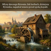Młyny dawnego Bytomia. Jak Iserbach, dzisiejsza Bytomka, napędzał miasto przed epoką kopalń Historyczna wizualizacja drewnianego młyna wodnego nad rzeką Iserbach (dzisiejsza Bytomka). W tle panorama przedindustrialnego Bytomia z wieżami kościołów.
