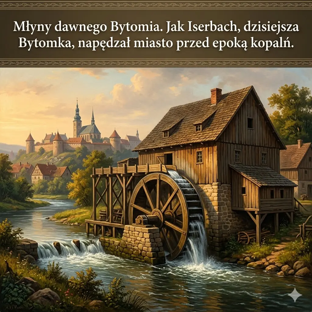 Historyczna wizualizacja drewnianego młyna wodnego nad rzeką Iserbach (dzisiejsza Bytomka). W tle panorama przedindustrialnego Bytomia z wieżami kościołów.