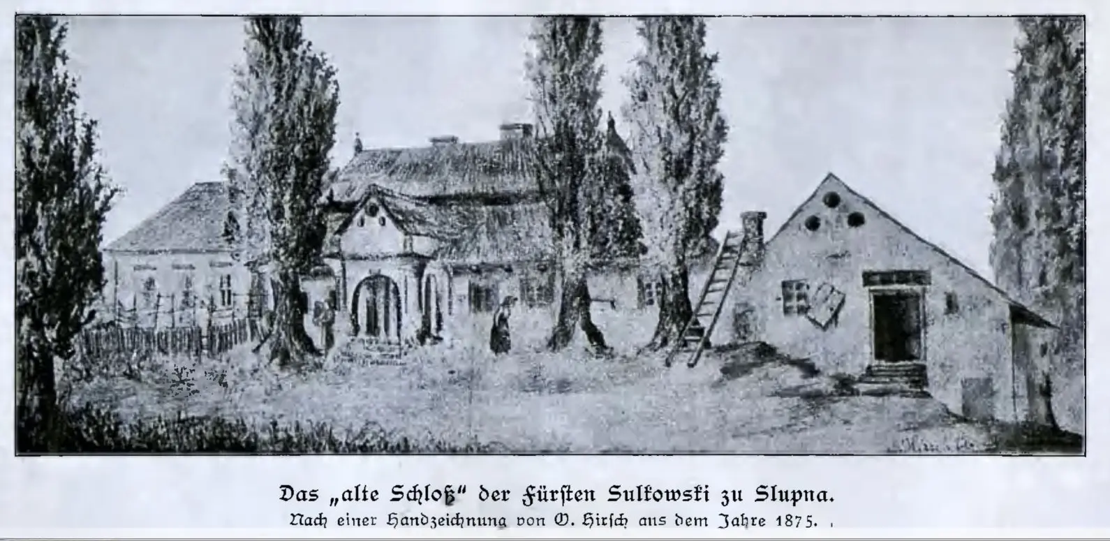Historyczna rycina z 1875 roku autorstwa O. Hirscha przedstawiająca drewniany dwór, zwany Starym Zamkiem książąt Sułkowskich w Słupnej pod Mysłowicami.