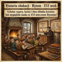 Ilustracja dawnej szkoły w XVI-wiecznym Bytomiu z nauczycielem, uczniami, łacińskimi sentencjami i tablicą „Duo verba die”.
