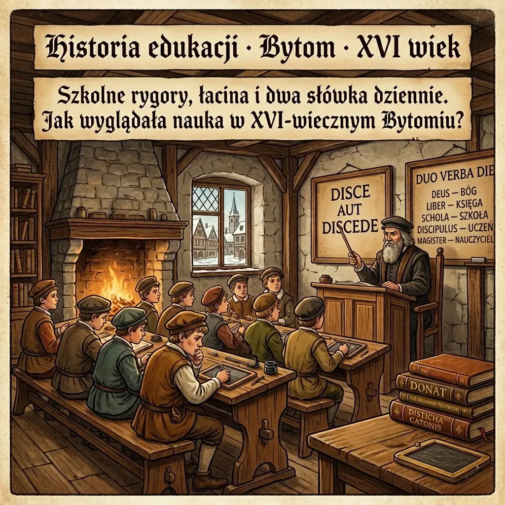 Ilustracja dawnej szkoły w XVI-wiecznym Bytomiu z nauczycielem, uczniami, łacińskimi sentencjami i tablicą „Duo verba die”.