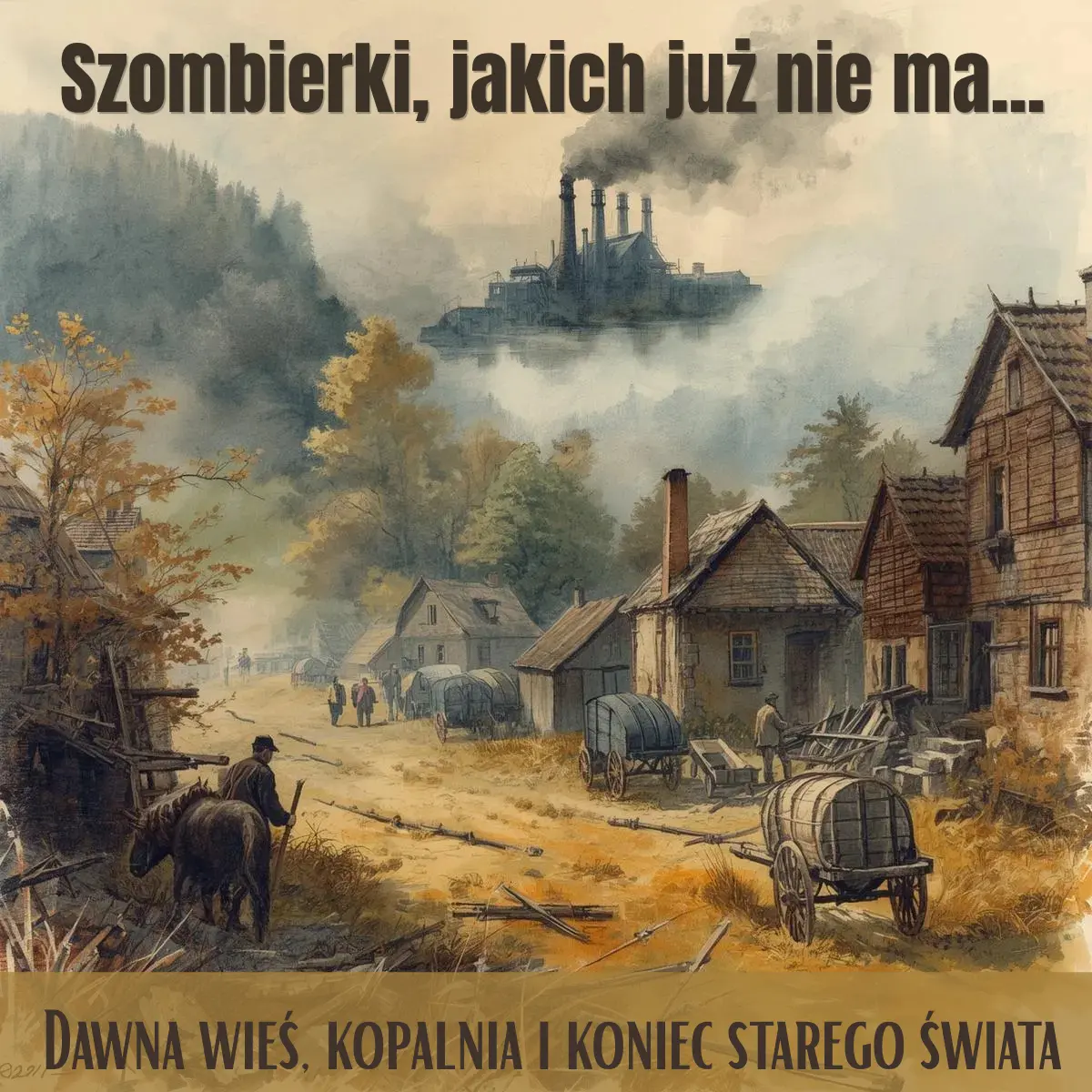 Zderzenie rolniczych Szombierek z rosnącą kopalnią Hohenzollern. Drewniane wozy i chłopi na pierwszym planie, a w tle dymiące kominy we mgle.
