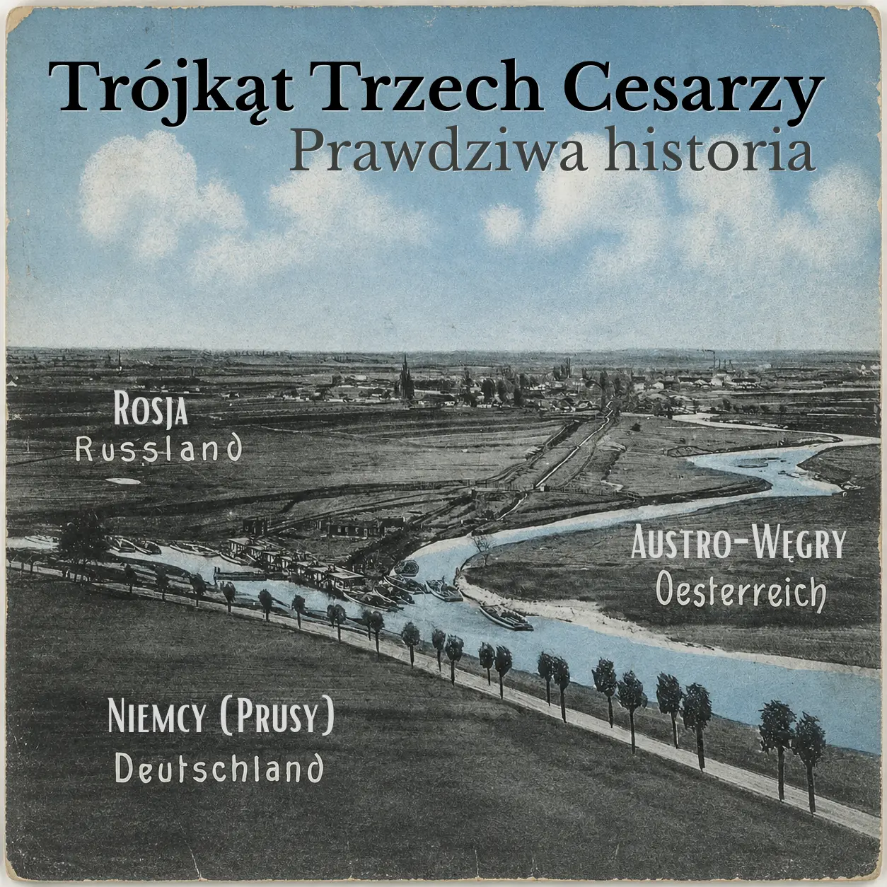 Historyczna pocztówka przedstawiająca styk granic Niemiec, Rosji i Austrii na zbiegu rzek w Mysłowicach. Widoczne podpisy Deutschland, Russland, Oesterreich.