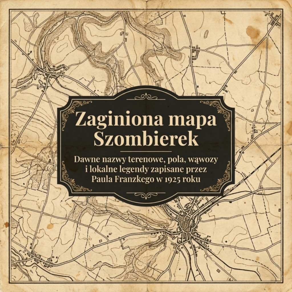 Grafika okładkowa stylizowana na starą, pożółkłą mapę topograficzną z wkomponowaną ozdobną ramką. Na środku widnieje tytuł: Zaginiona mapa Szombierek. Dawne nazwy terenowe, pola, wąwozy i lokalne legendy zapisane przez Paula Franzkego w 1925 roku.