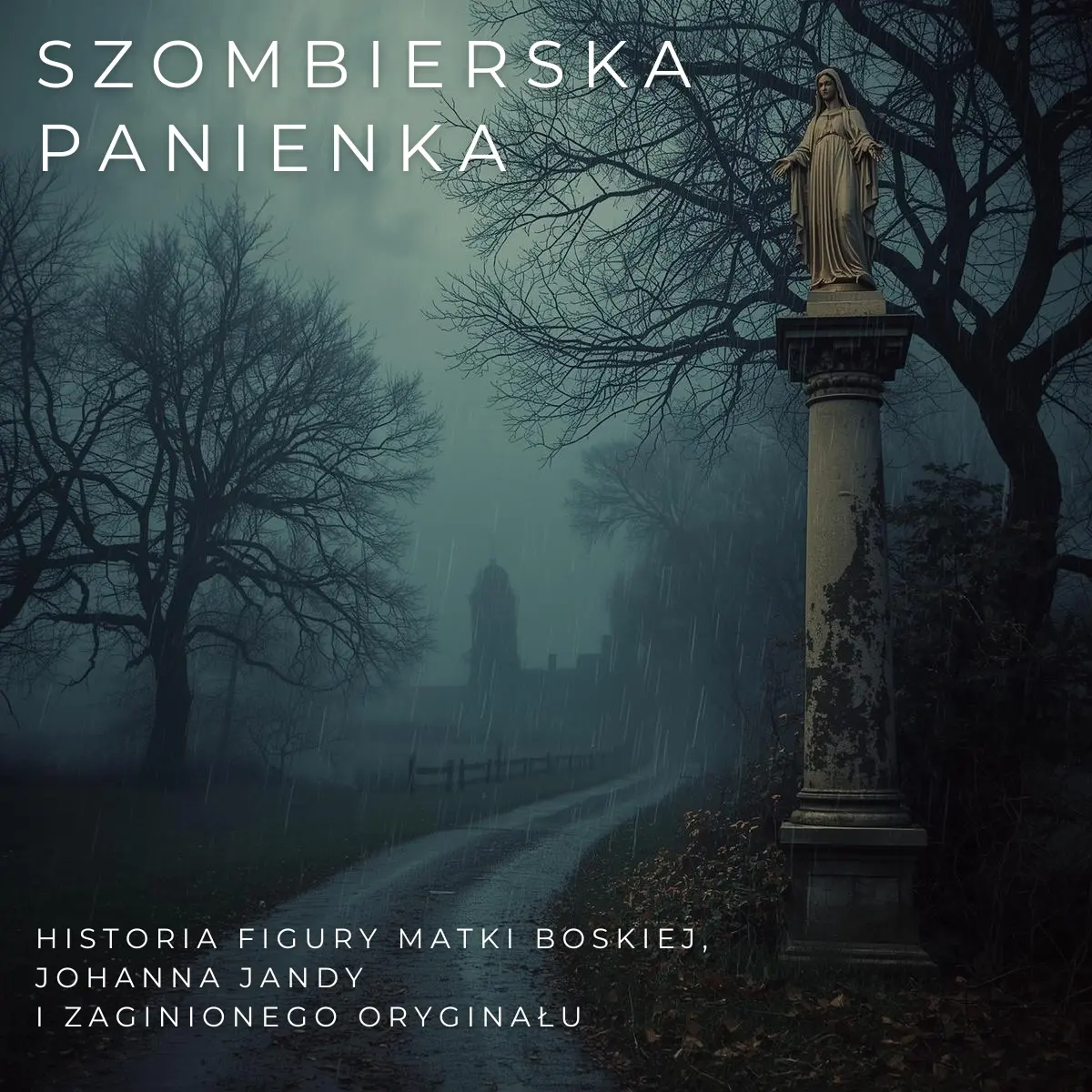 Mroczna grafika przedstawiająca zabytkową kolumnę z figurą Matki Boskiej w strugach deszczu na tle starych drzew. Widoczny napis: Szombierska Panienka. Historia figury Matki Boskiej, Johanna Jandy i zaginionego oryginału.