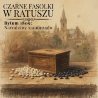 Szkic historyczny przedstawiający drewnianą urnę wyborczą i rozsypane wokół czarne i białe fasolki, symbolizujące pierwsze demokratyczne wybory w Bytomiu w 1809 roku.