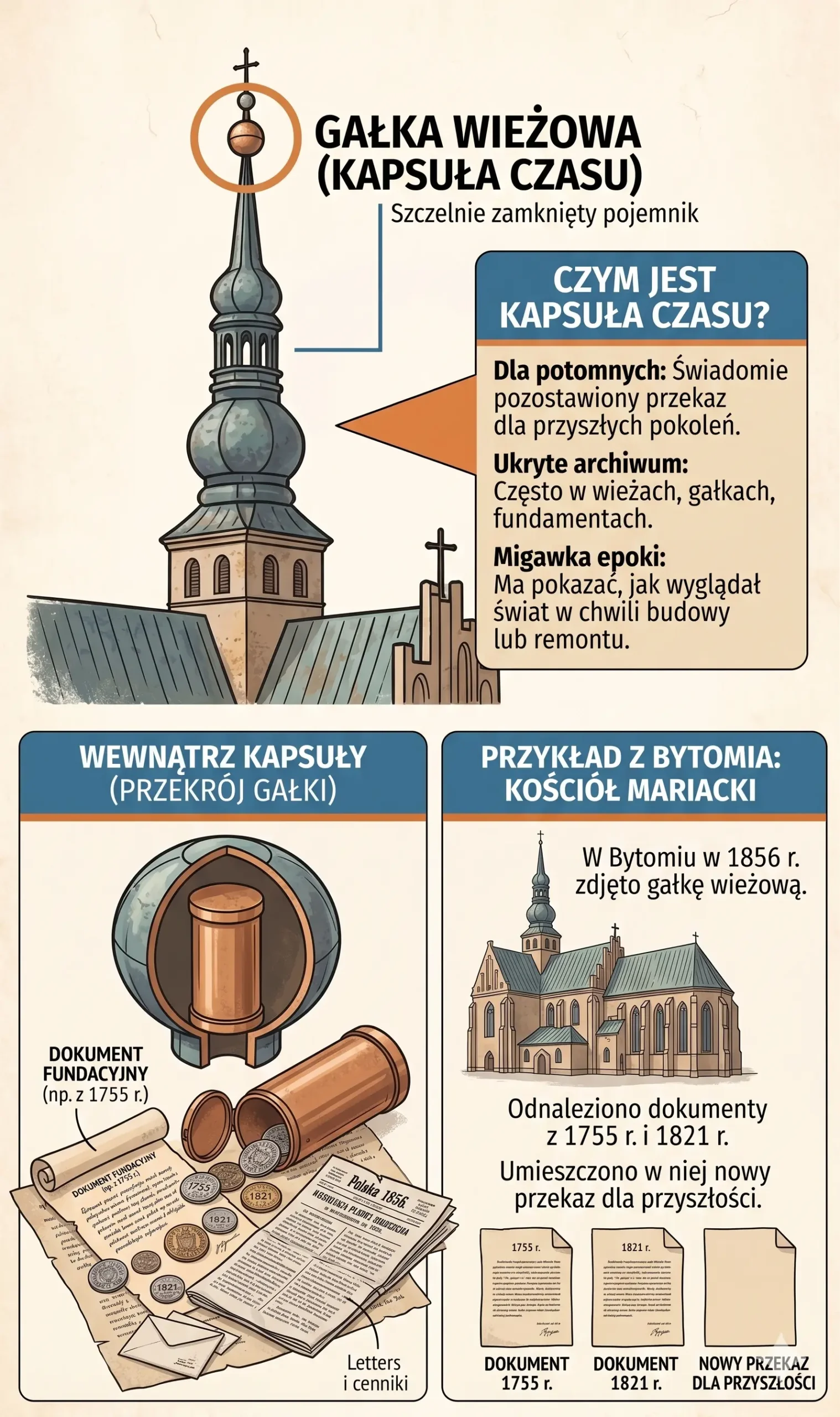 Infografika przedstawiająca przekrój gałki wieżowej jako kapsuły czasu