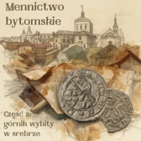 Stylizowana srebrna moneta z górnikiem jako ilustracja halerza bytomskiego
