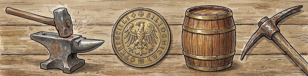 Symbole dawnego rzemiosła i handlu w Bytomiu: kowadło, moneta, beczka piwa i kilof.