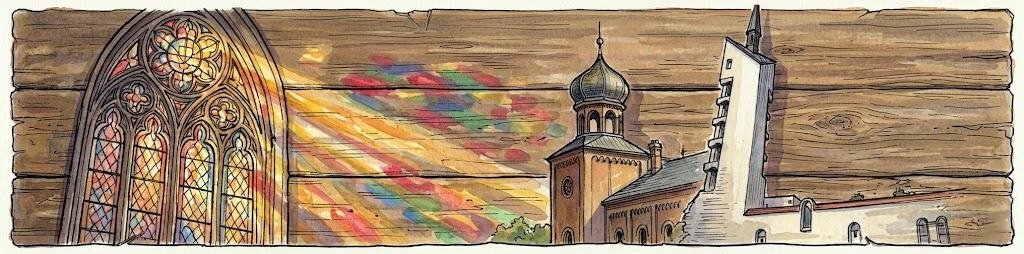 Kolorowy witraż i wieże bytomskich kościołów reprezentujące historię religii i wspólnot wyznaniowych.