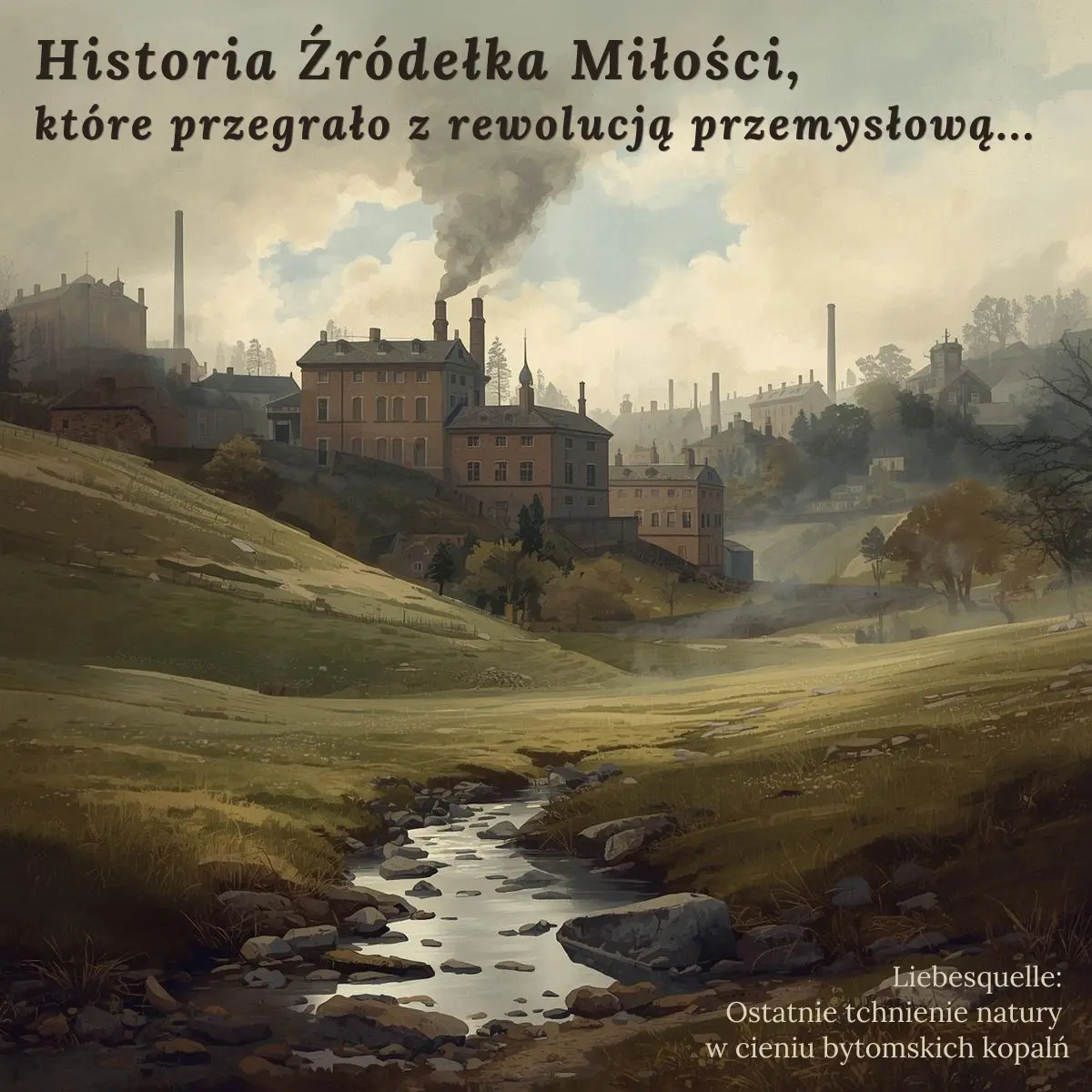 Ilustracja historyczna przedstawiająca Źródełko Miłości (Liebesquelle) w Bytomiu oraz sąsiedztwo zabudowy przemysłowej w XIX wieku.
