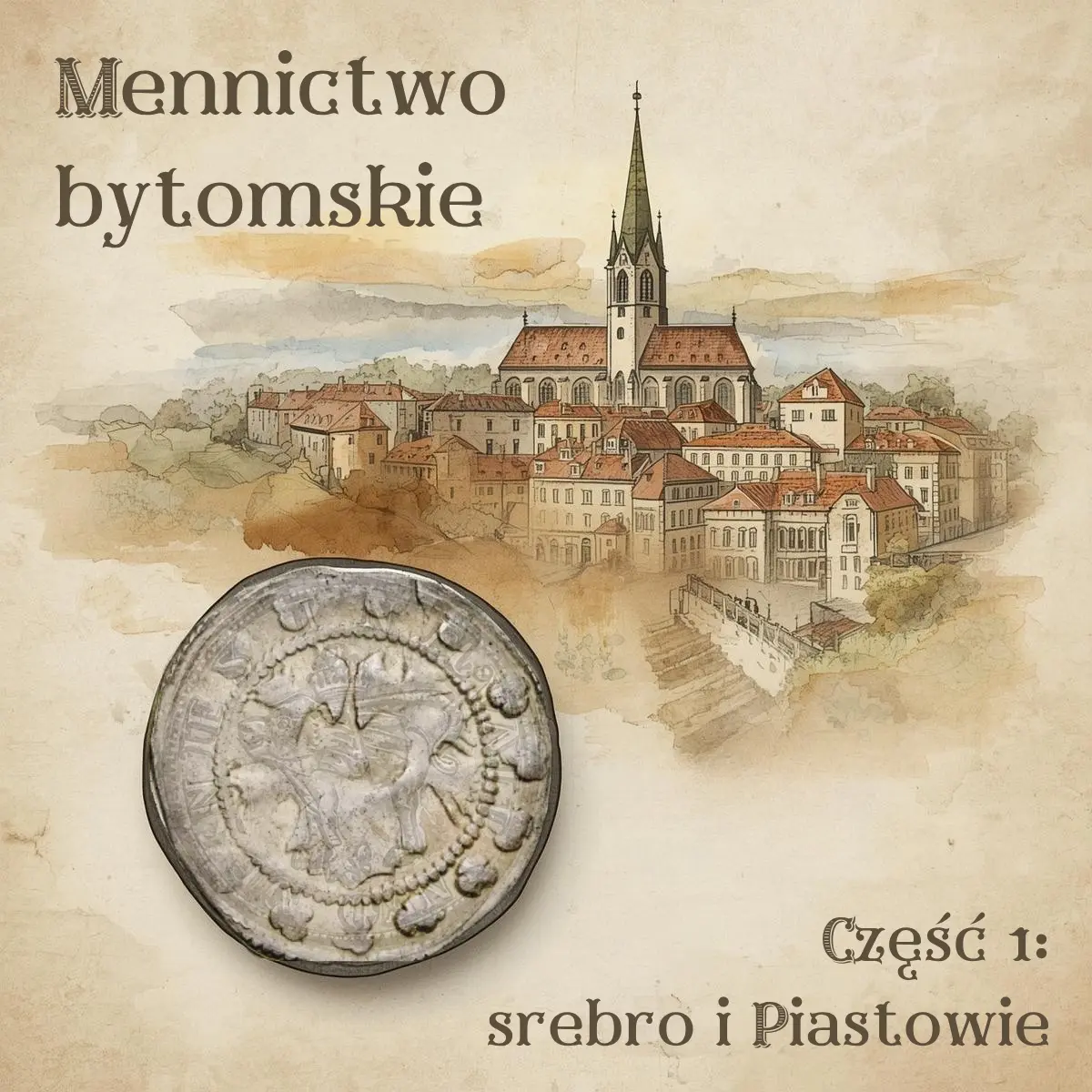 Stylizowana srebrna moneta na tle dawnego Bytomia jako ilustracja początków mennictwa bytomskiego