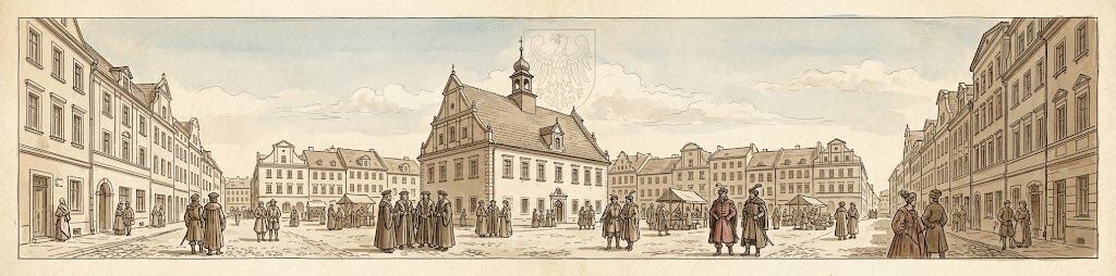 Nowożytny rynek w Bytomiu z dawnym ratuszem, szkic epoki Hohenzollernów i Donnersmarcków.