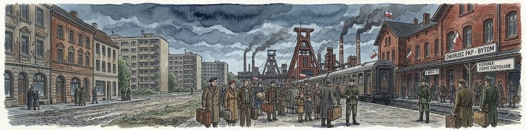 Powojenny Bytom, dworzec PKP i przesiedleńcy na tle działającej kopalni i bloków.