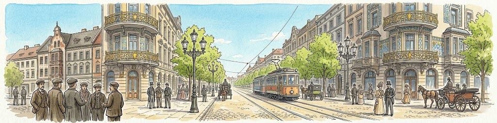 Złota era Bytomia, elegancka ulica z secesyjnymi kamienicami i starym tramwajem.