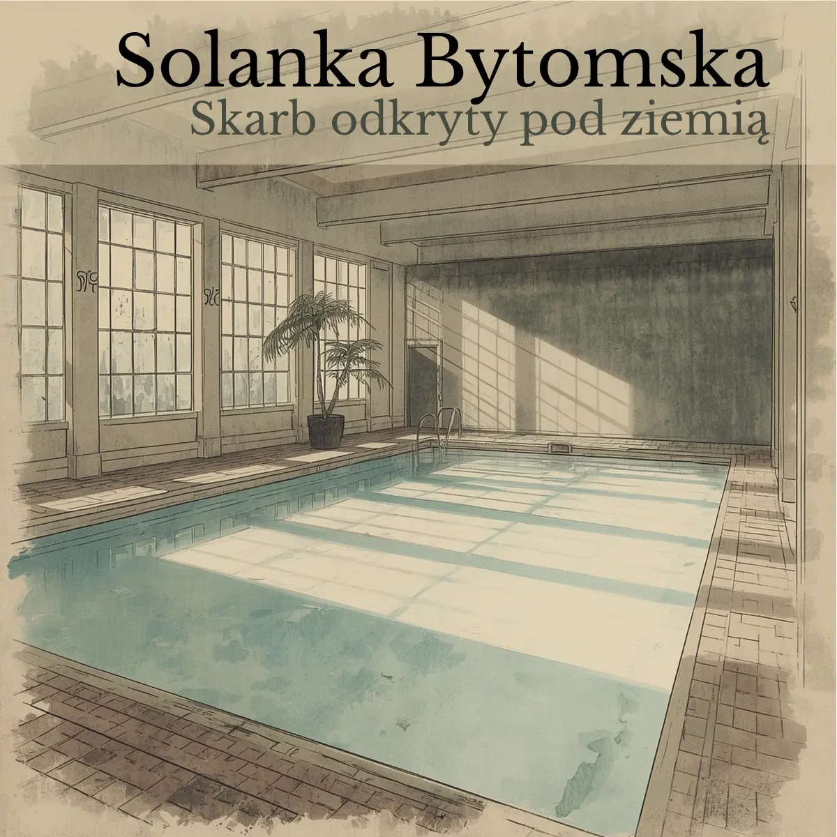 Ilustracja architektoniczna w stylu retro przedstawiająca zalaną słońcem krytą pływalnię z palmą oraz napis Solanka Bytomska: Skarb odkryty pod ziemią.