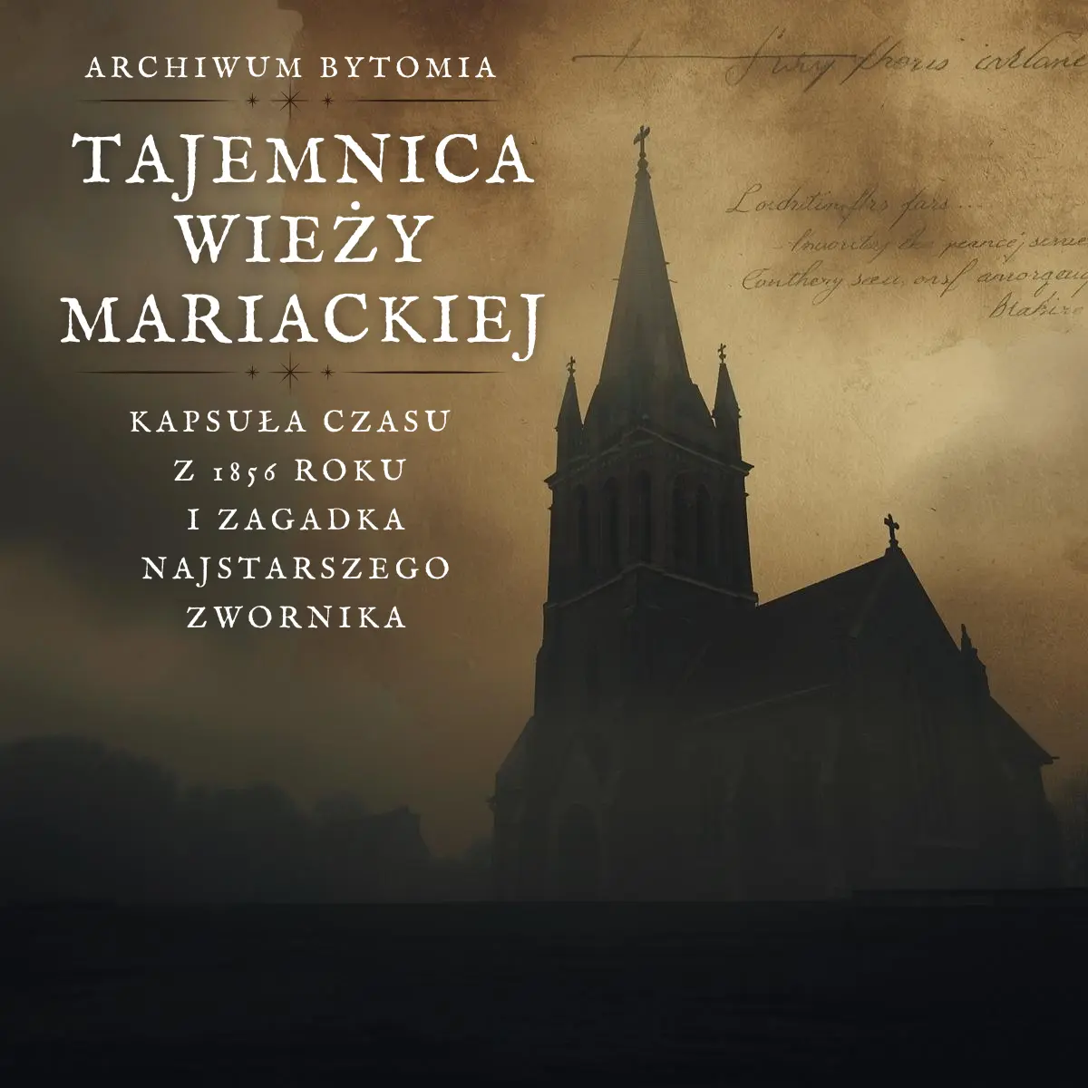 Mroczna grafika tytułowa z napisem Tajemnica wieży Mariackiej, Kapsuła czasu z 1856 roku i zagadka najstarszego zwornika, na tle gotyckiej fary w Bytomiu.