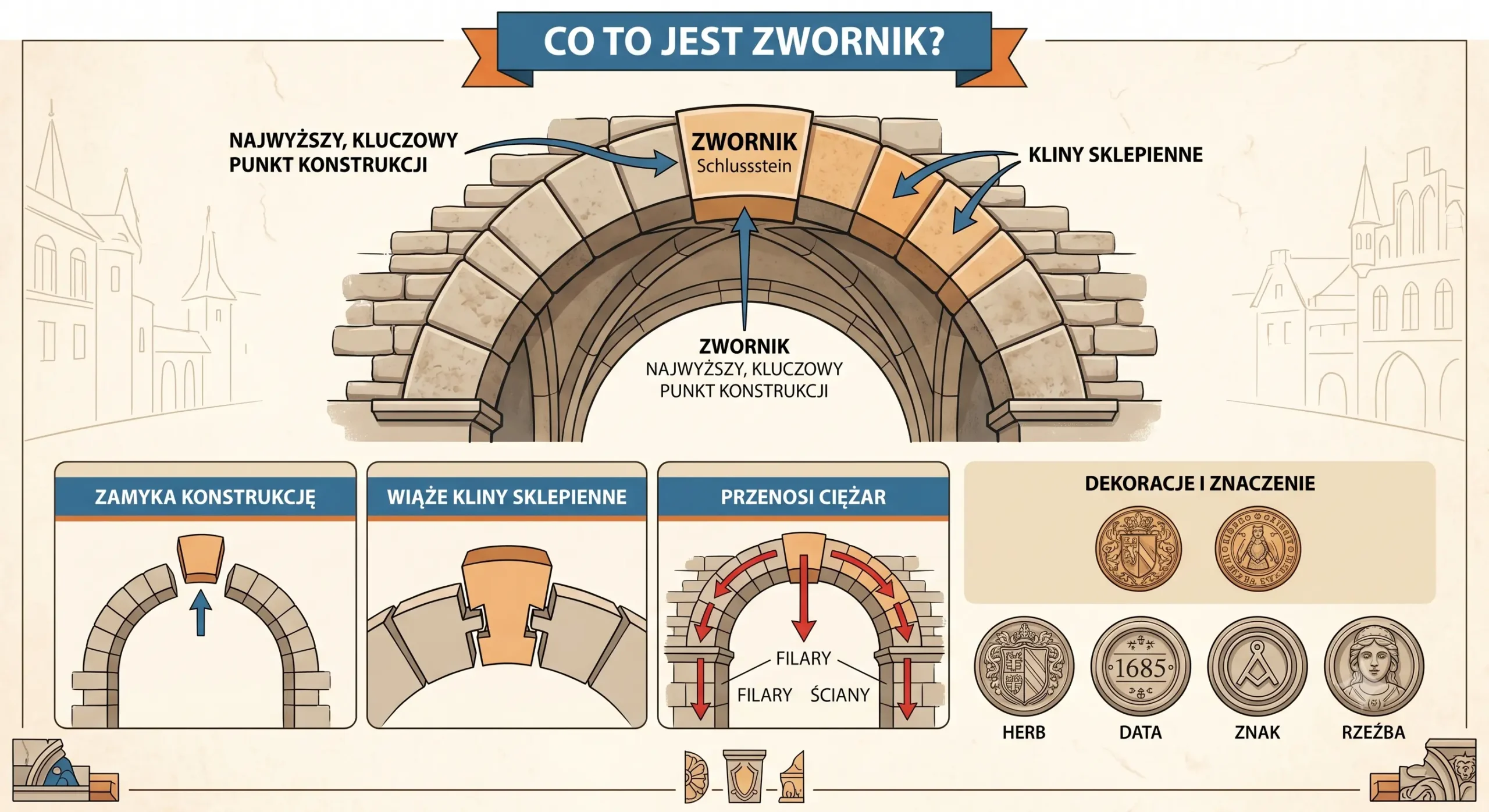 Infografika wyjaśniająca działanie zwornika w architekturze