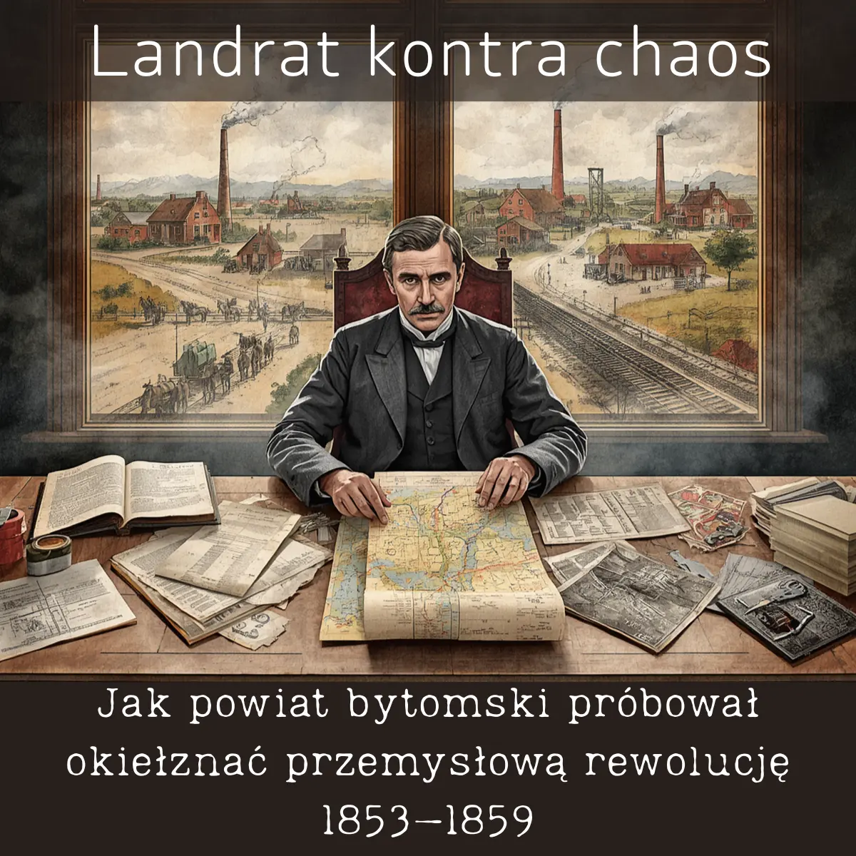 Pruski urzędnik przy mapie i dokumentach, za oknem kopalnie, huty i linie kolejowe rozwijającego się powiatu bytomskiego
