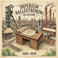 Imperium Ballestremów od kuchni. Jak zabrzańskie kopalnie przejęły śląskiego giganta? Kolorowy szkic w stylu vintage z napisem "Imperium Ballestremów od kuchni" i datami 1859–1939. Przedstawia symboliczne połączenie wieży szybowej kopalni z dymiącymi kominami huty, a na pierwszym planie drewniane biurko z mapami.