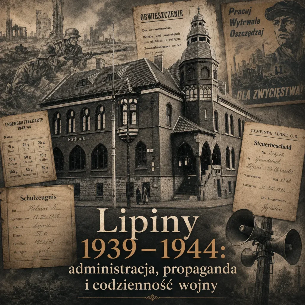 Grafika wyróżniająca artykuł o Lipinach w latach 1939–1944, z ratuszem, dokumentami urzędowymi, kartką żywnościową i motywami propagandy wojennej.
