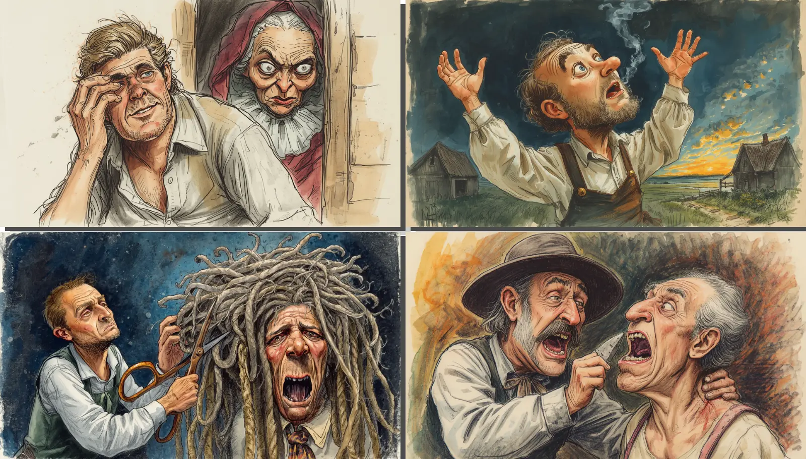 Schutzmagie und Volksmedizin in Schlesien im Zerrspiegel Vier-Panel-Comic mit humorvollen Karikaturen, die schlesische medizinische Rituale aus dem 19. Jahrhundert darstellen: Abwehr von Flüchen, Kropfbehandlung mit einem Stein, Abschneiden des Weichselzopfs und Spucken durch das Hemd.