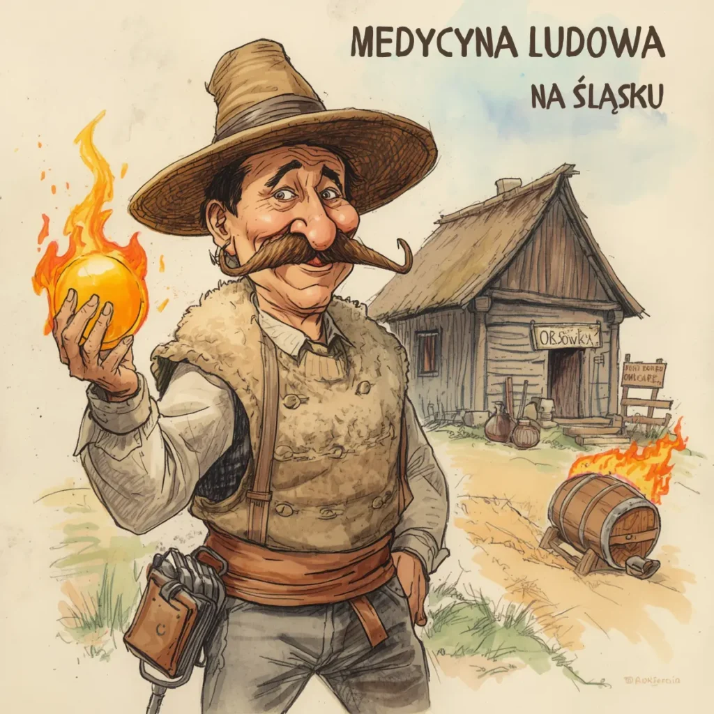 Karykatura śląskiego znachora trzymającego ognistą kulę, obok płonącej beczki Oksowki na tle dawnej, drewnianej chaty.