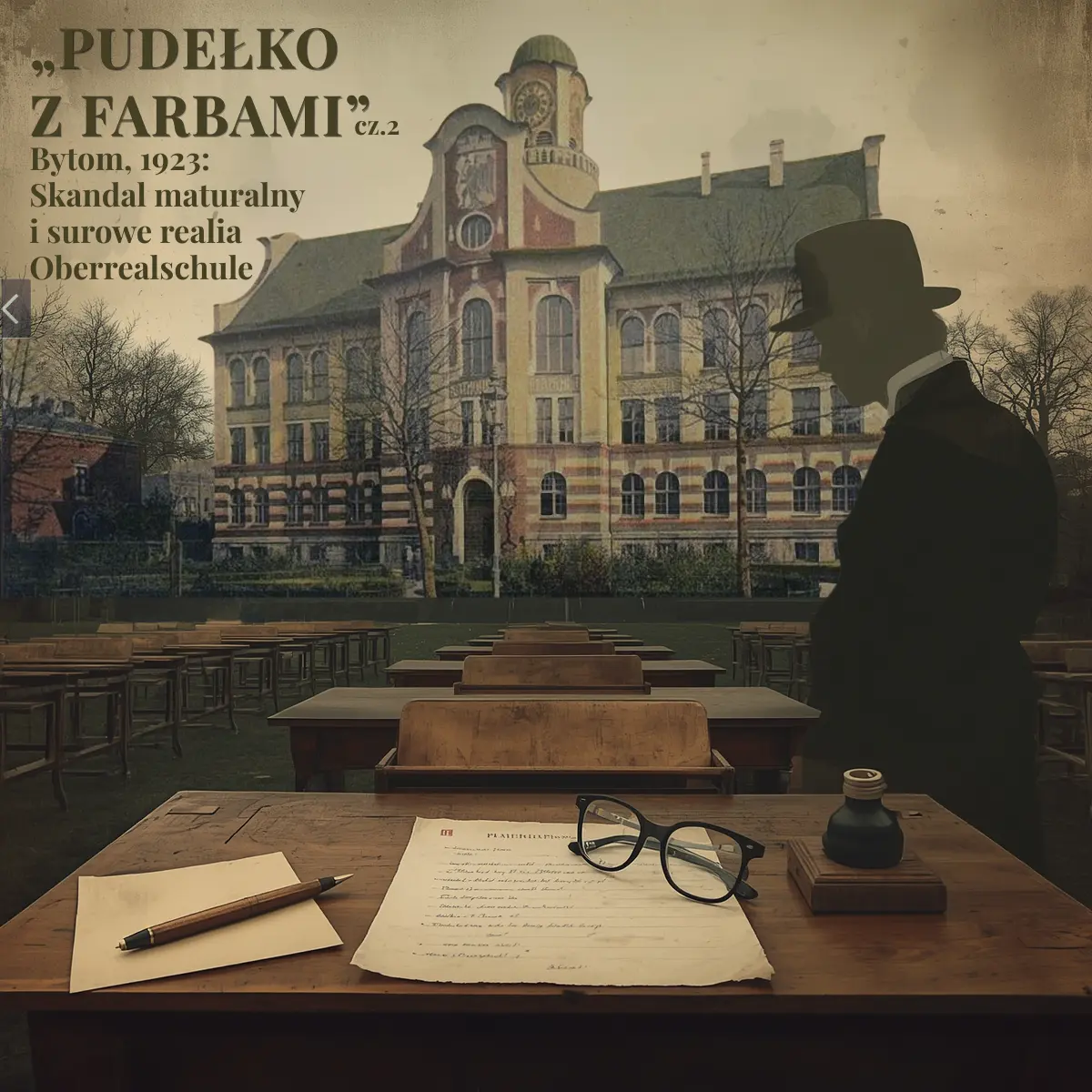 Grafika wyróżniająca artykuł o skandalu maturalnym z 1923 roku w bytomskiej Oberrealschule, dawnej szkole zwanej Pudełkiem z farbami
