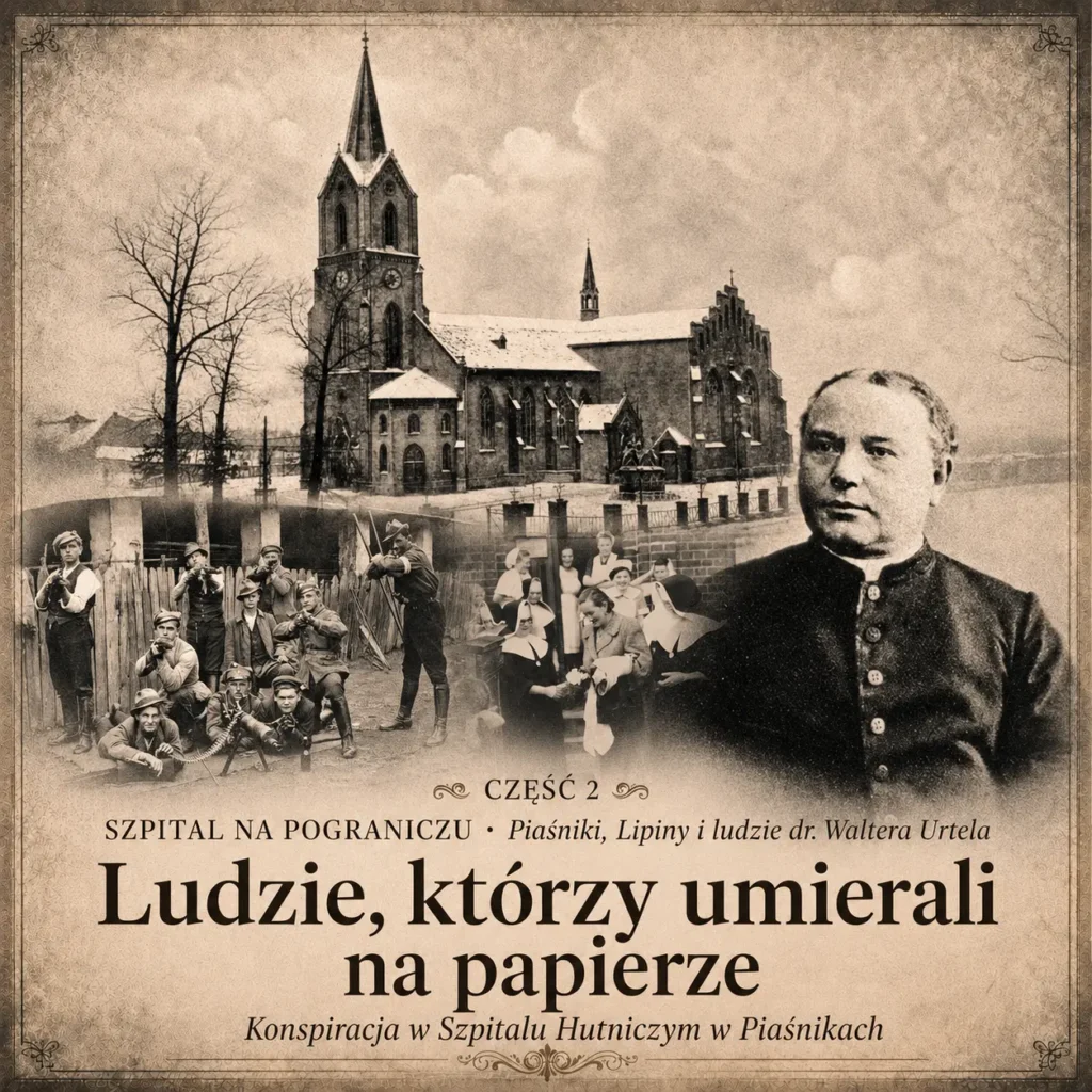 Archiwalny kolaż w sepii przedstawiający kościół św. Augustyna w Lipinach, grupę uzbrojonych powstańców śląskich oraz siostry zakonne na tle sylwetki duchownego. Grafika promująca drugą część cyklu historycznego.