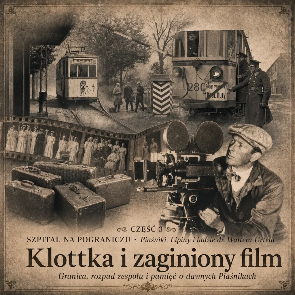 Historyczny kolaż ukazujący przedwojenne przejście graniczne z tramwajami, stertę starych walizek podróżnych, operatora kamery na korbkę oraz taśmę filmową z wizerunkiem dawnego personelu szpitala w Piaśnikach.