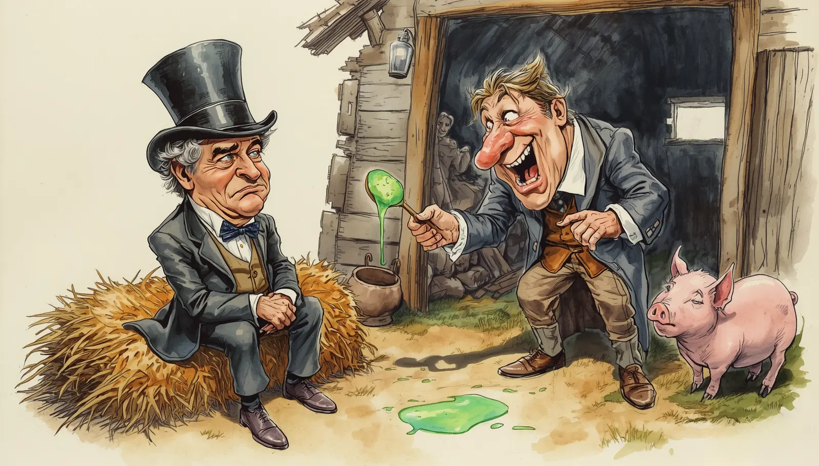 Luxuriöse Dorfklinik in Annaberg Karikatur eines schockierten, reichen Aristokraten in eleganter Kleidung, der eine verdächtige Kur von einem Dorfheiler in einer schmutzigen Scheune auf einem Heuhaufen erhält.