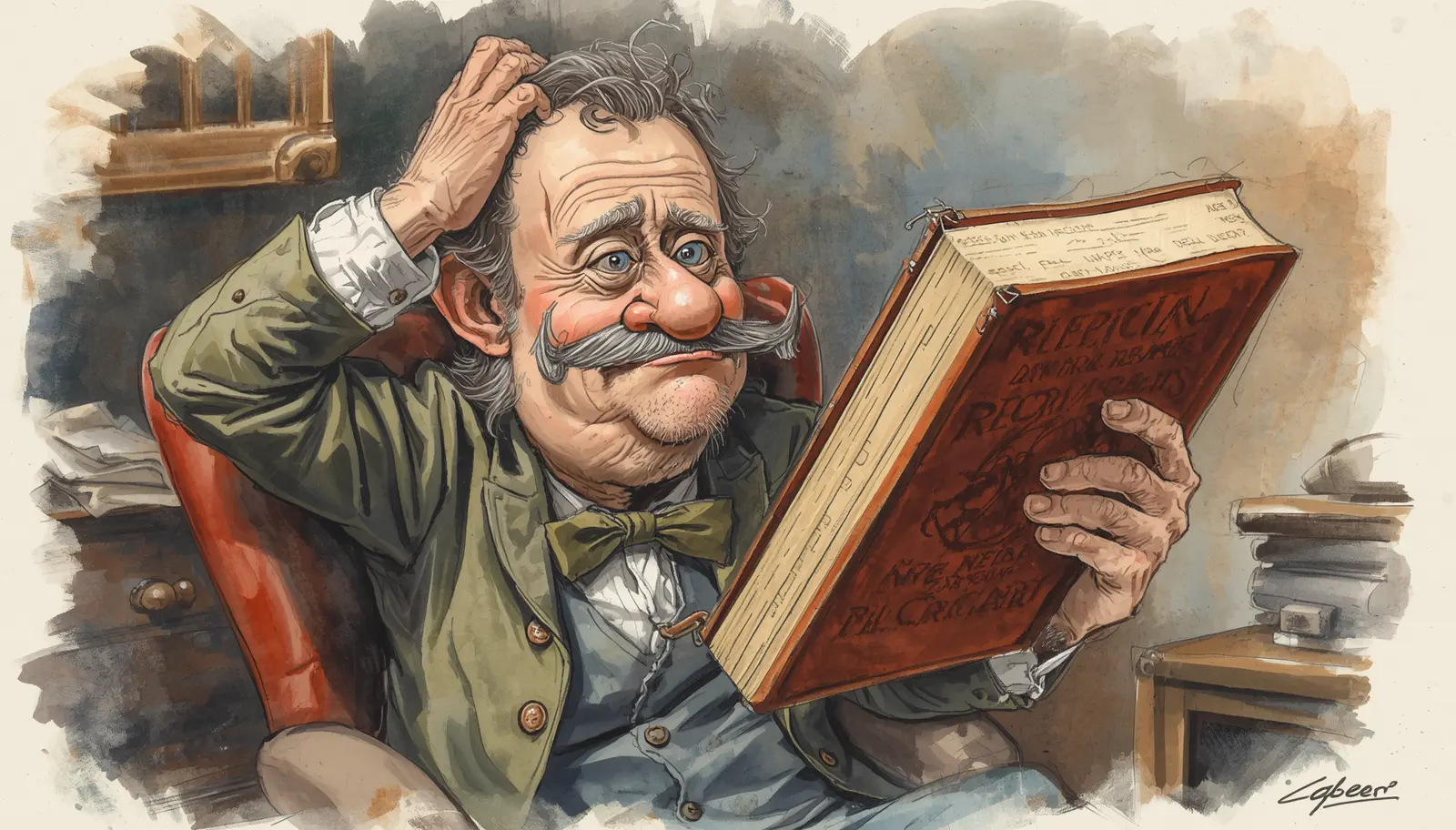 Der Heiler aus Himmelwitz über dem medizinischen Buch Ein verwirrter älterer Mann mit einem großen Schnurrbart kratzt sich am Kopf, spielt Arzt und liest ein riesiges medizinisches Buch auf dem Kopf stehend.