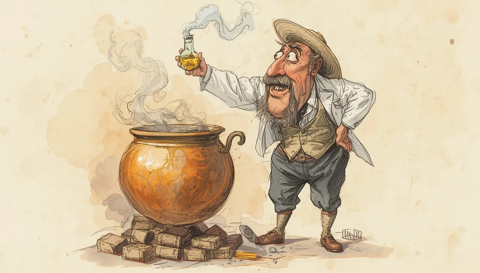 Der Wunderheiler aus Ruda und sein Universalmittel Karikatur eines schlesischen Wunderheilers aus Ruda, der konzentriert ein Fläschchen mit Flüssigkeit vor einem großen, rauchenden Kupferkessel betrachtet.