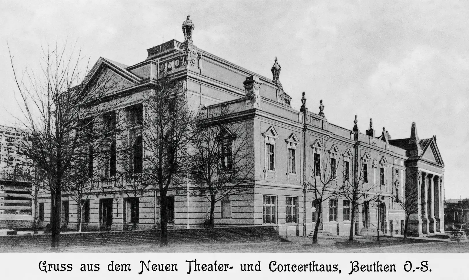 Teatr Miejski i Dom Koncertowy w Bytomiu – historyczna pocztówka Archiwalna pocztówka przedstawiająca nowy Teatr Miejski i Dom Koncertowy (Neues Theater- und Concerthaus) w Bytomiu.