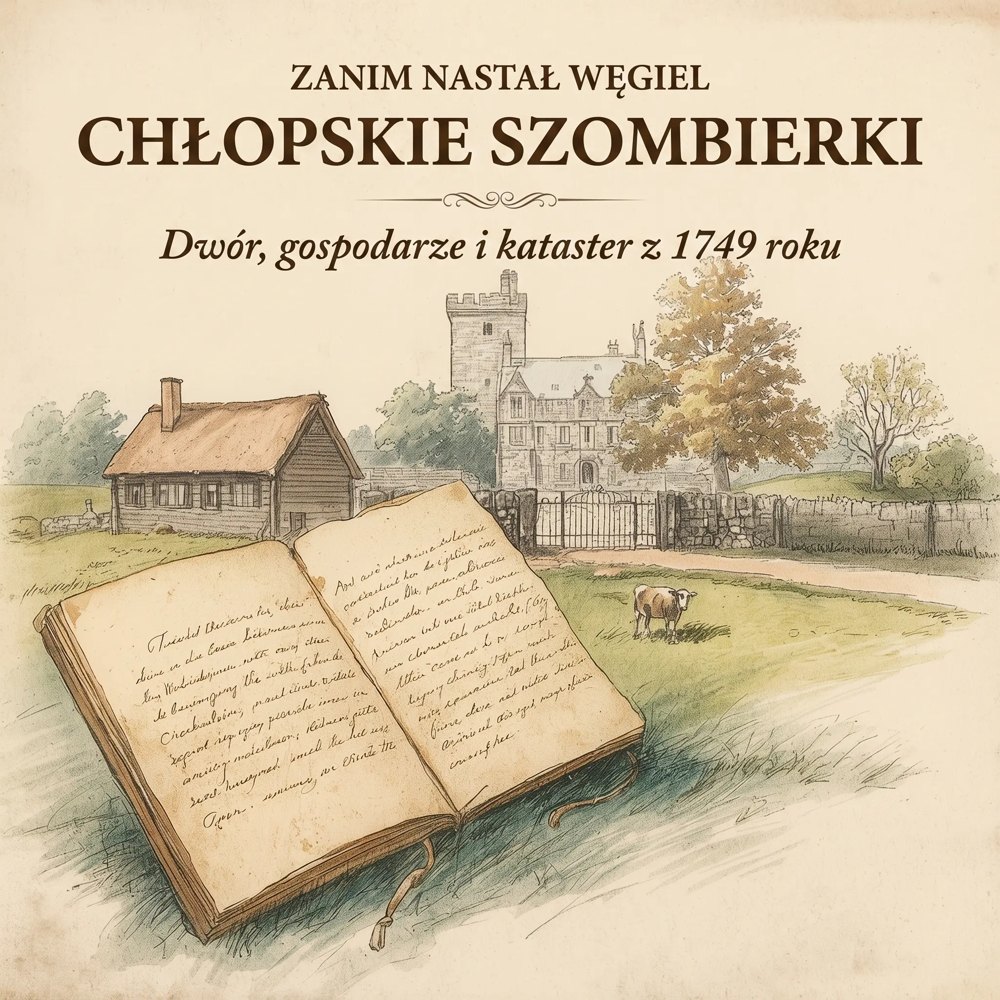 Szkic historyczny przedstawiający dawną wieś Szombierki. Na pierwszym planie leży otwarta księga katastru z 1749 roku, za nią widać skromną chłopską chałupę i krowę pasącą się na łące. W tle góruje murowany, bogaty dwór (dominium).