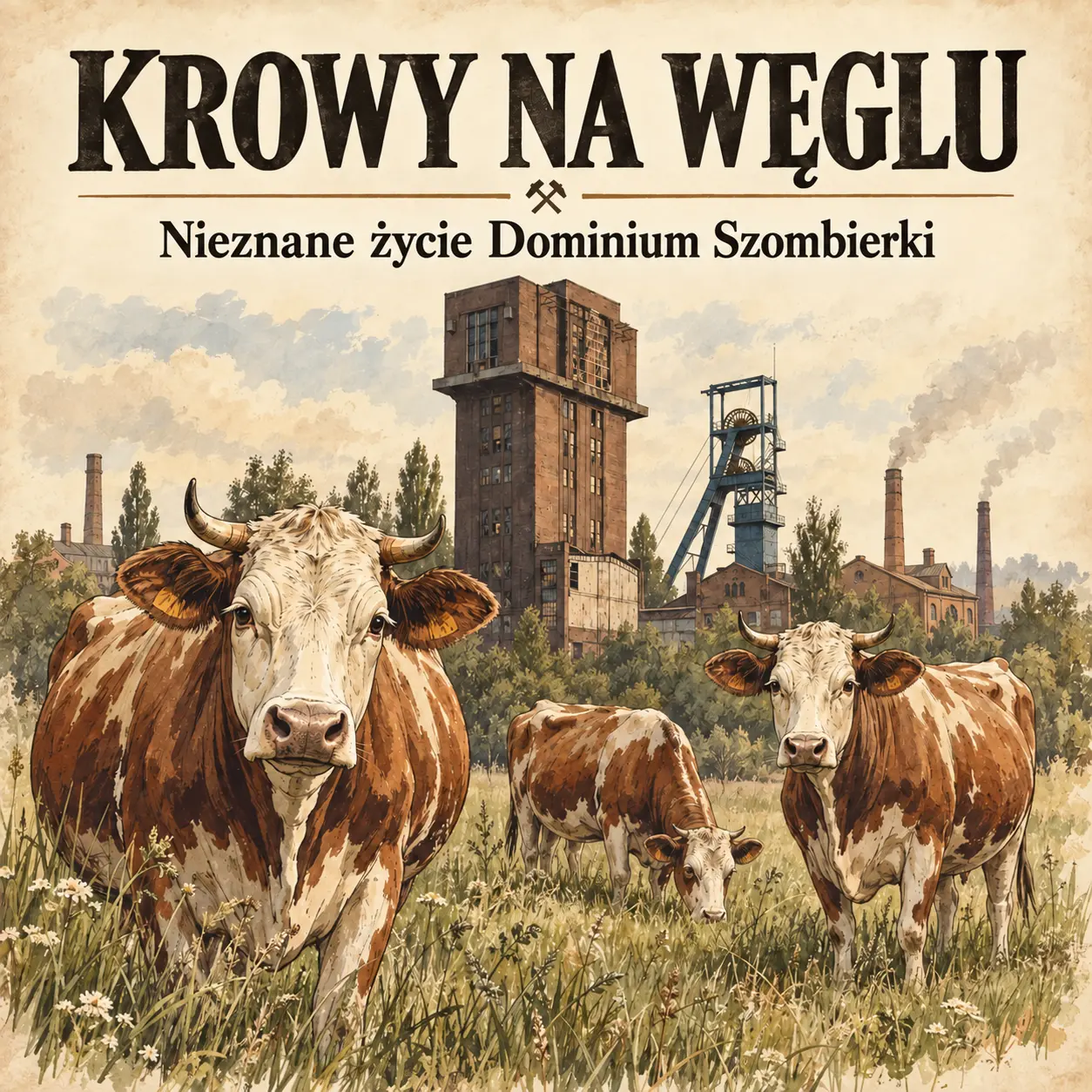 Krowy na węglu – artystyczna wizualizacja Dominium Szombierki na tle przemysłowego krajobrazu